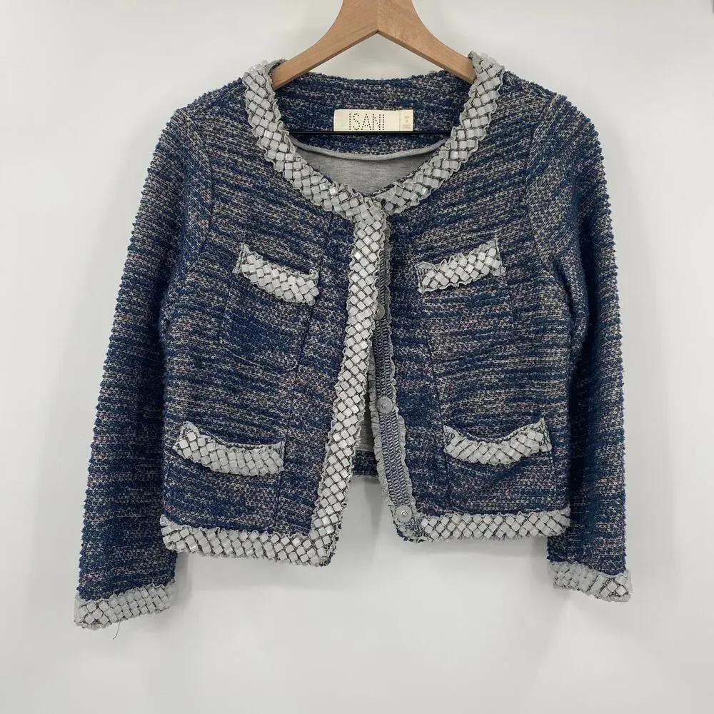 Anthropologie Isani Massey Tweed Blazer Beaded Trim Crop Lady Jacket Blue Small